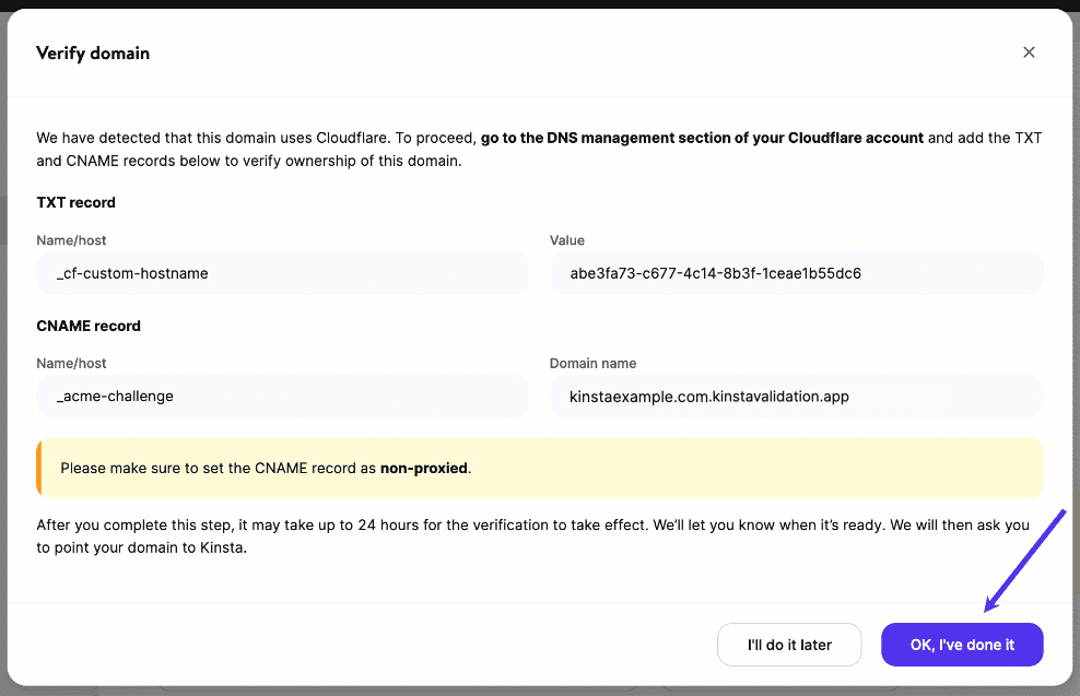Click the OK, I’ve done it button in MyKinsta for the second set of DNS records.