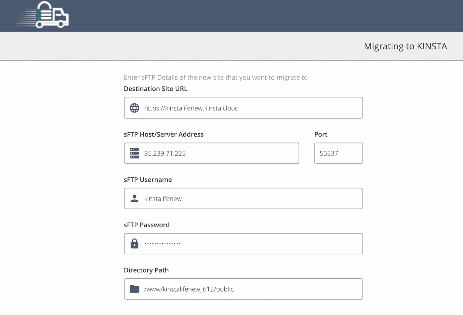 Füge deine WordPress Webseiten Details zu Migrate Guru hinzu.