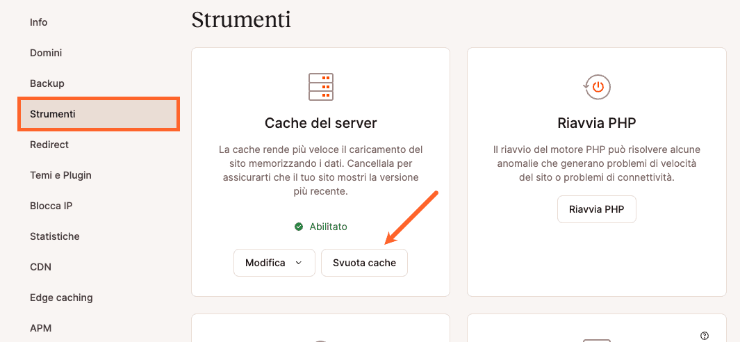 Svuotare la cache nella scheda Strumenti di MyKinsta.