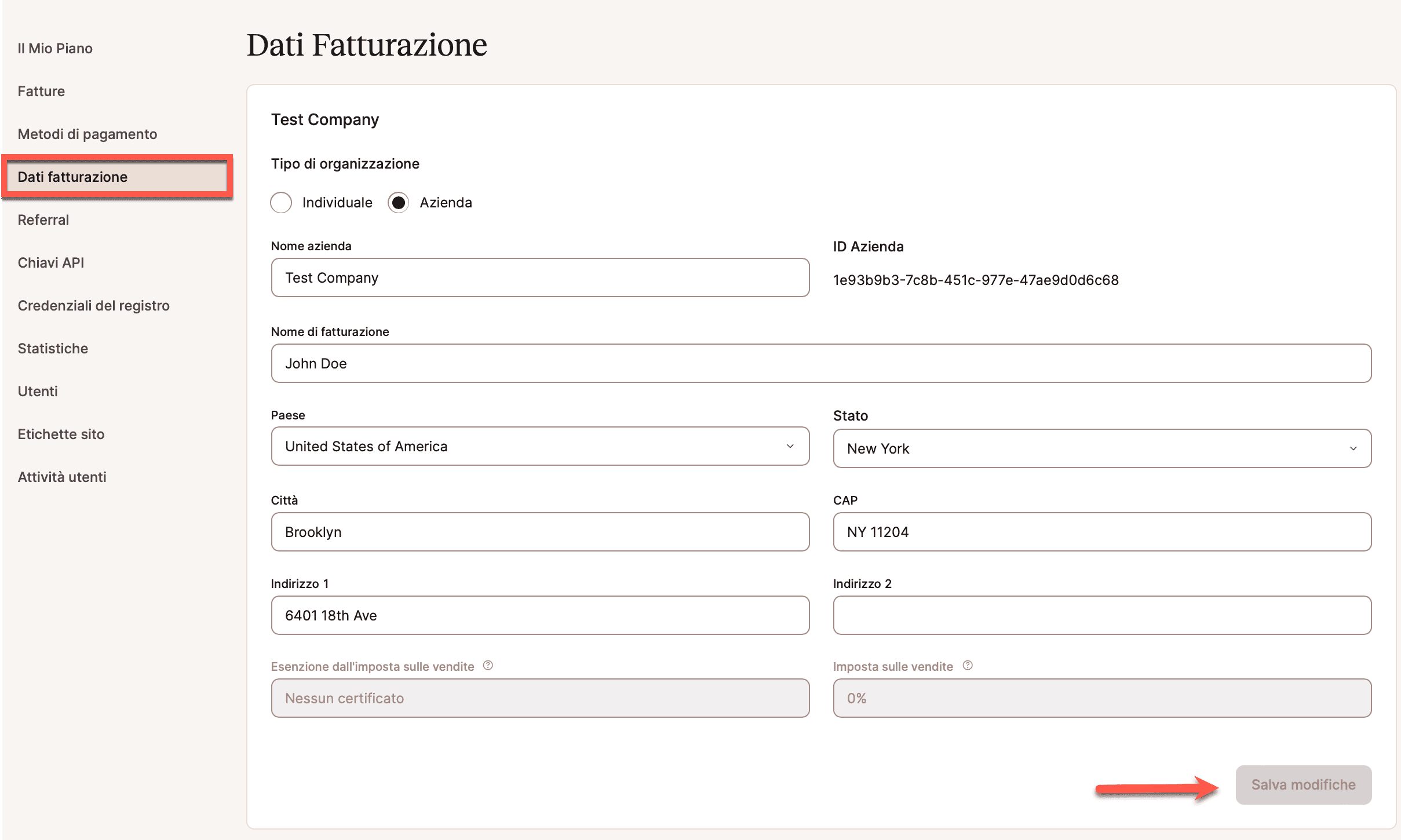 Dati di fatturazione MyKinsta.