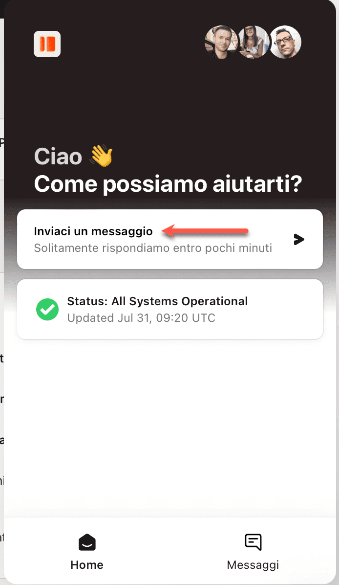 Inviare un messaggio in MyKinsta.