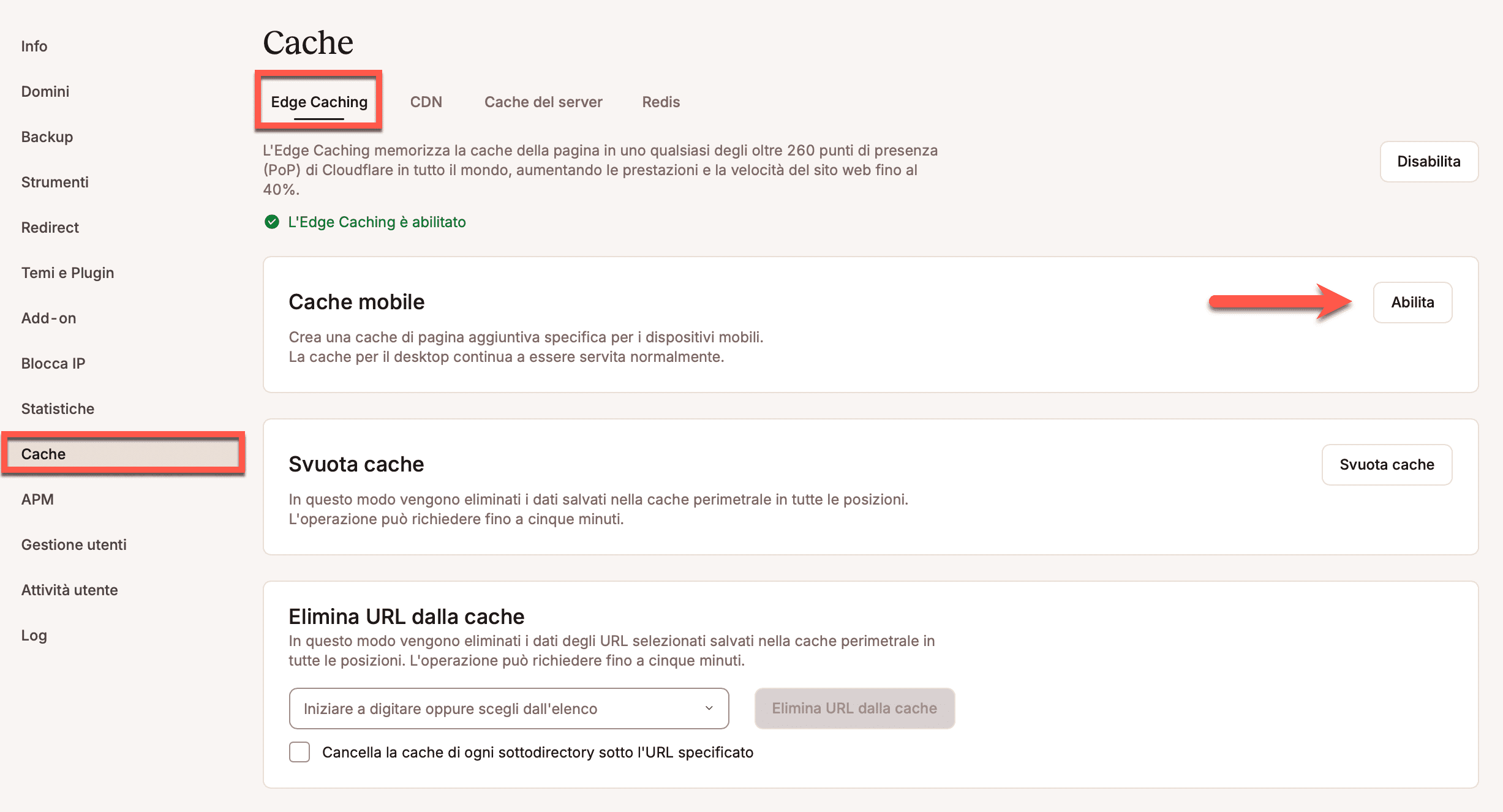 Abilitare la cache Edge Mobile.