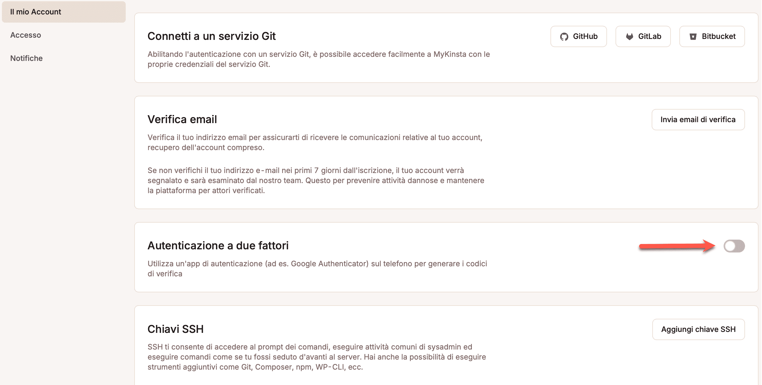 Abilitare l'autenticazione a due fattori in MyKinsta.