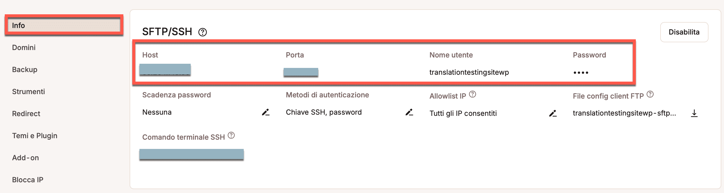 Credenziali SFTP/SSH.