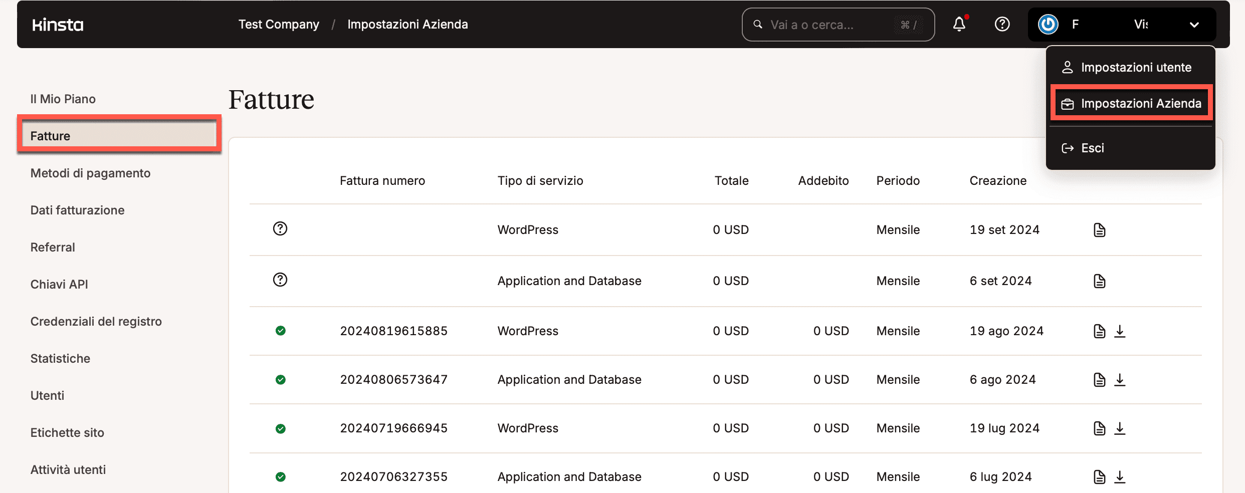 Fatture dell'hosting in MyKinsta.