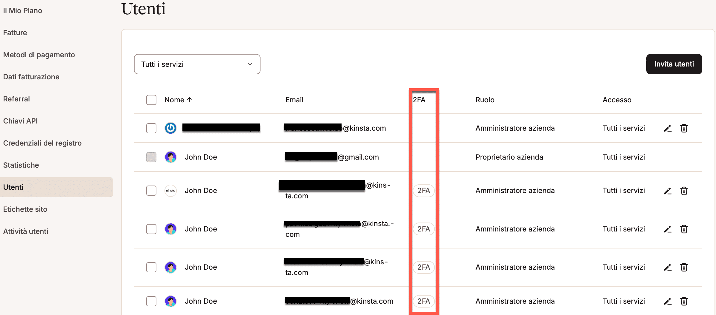 Stato della 2FA dell'utente in MyKinsta.