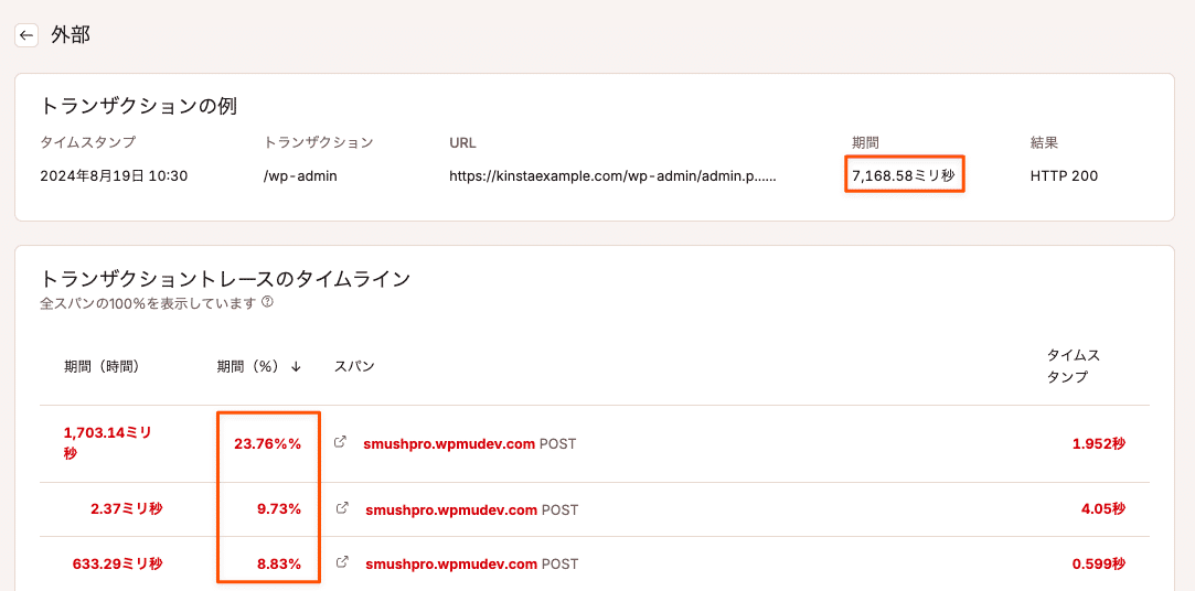 smushpro.wpmudev.comへのすべてのリクエストをトランザクショントレース（時系列）で表示