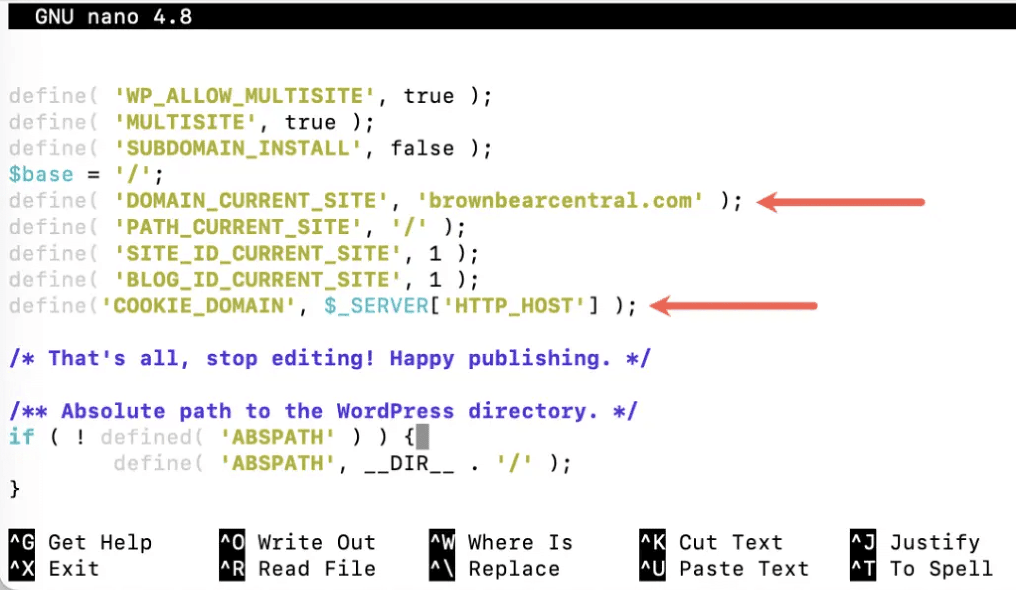 wp-config.phpのDOMAIN_CURRENT_SITEをプライマリドメインに変更し、COOKIE_DOMAINを追加