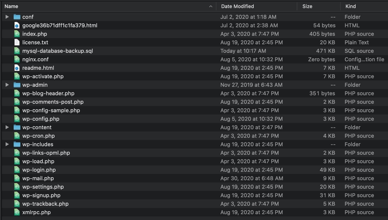 Viewing an unpacked downloadable backup from MyKinsta.