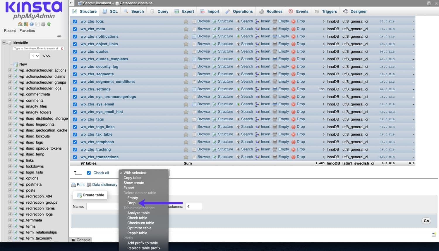 Eliminare le tabelle del database in phpMyAdmin.