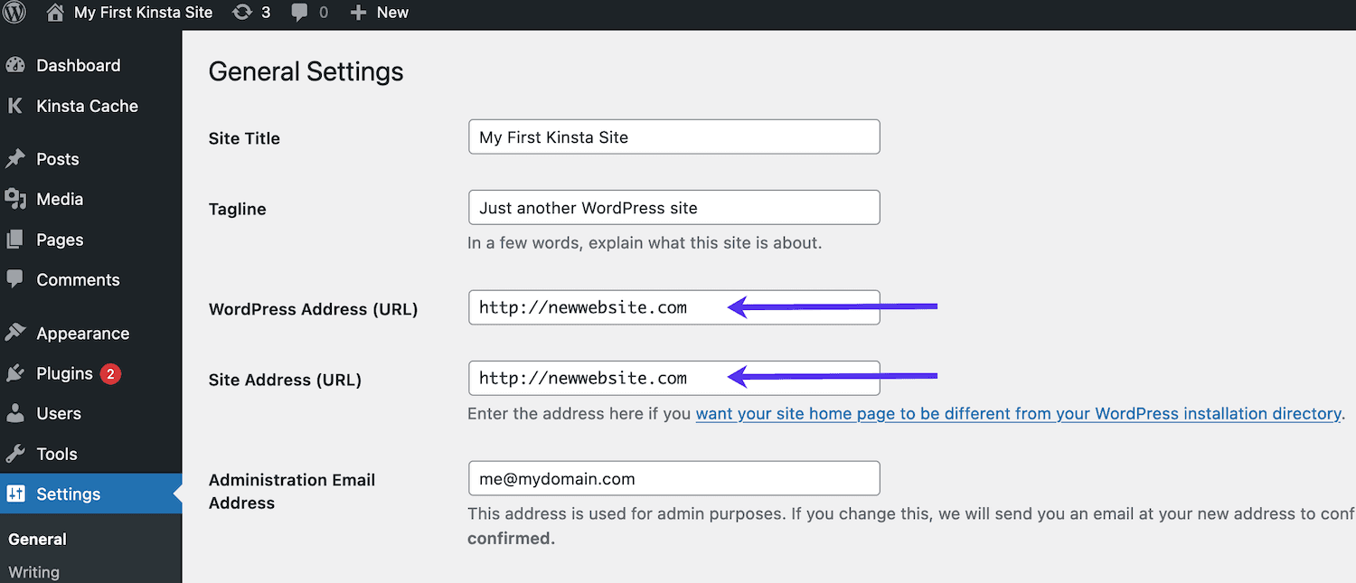 Changing the Kinsta temporary URL to your custom URL in WordPress settings.