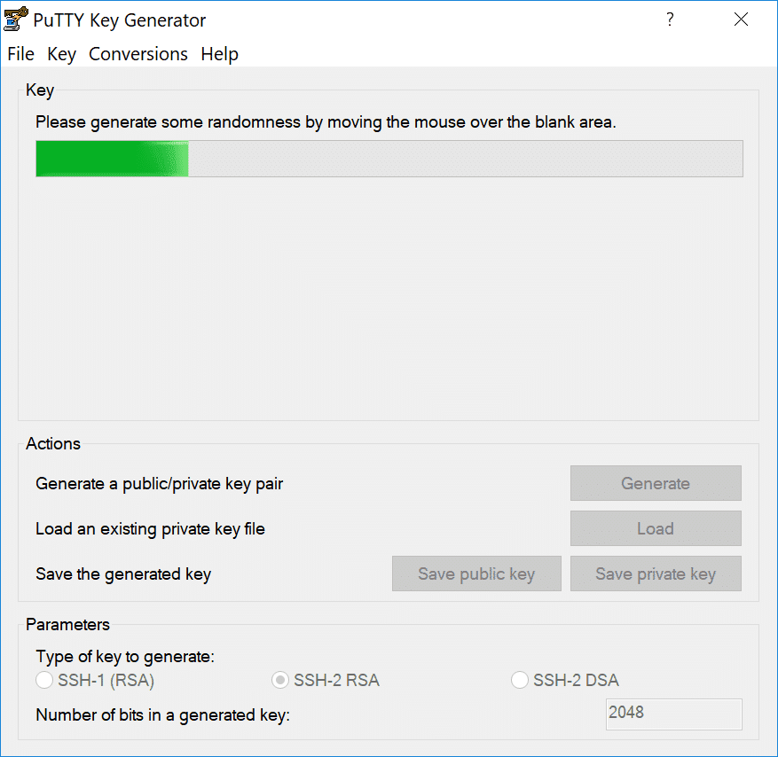 Muovere il mouse per creare casualità in PuTTY Key Generator.