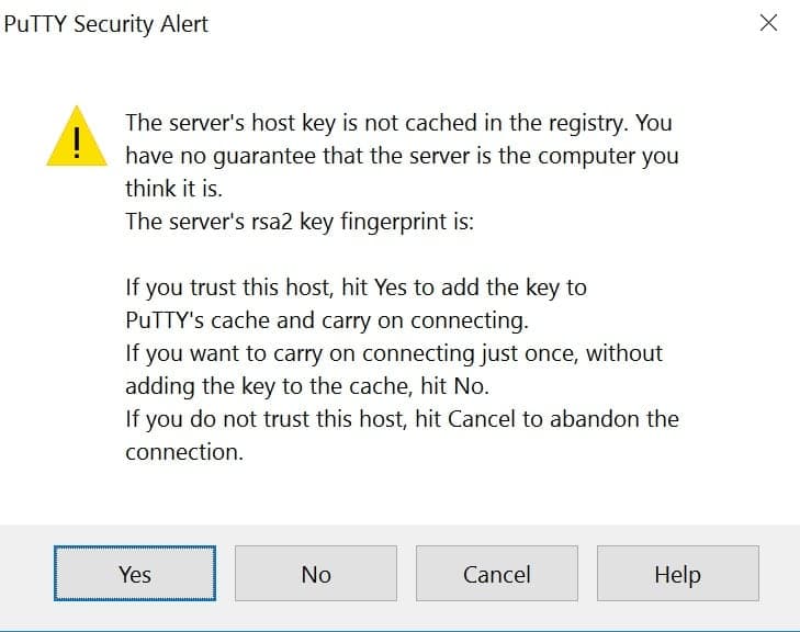 Alerta de seguridad de PuTTY sobre la clave rsa2.