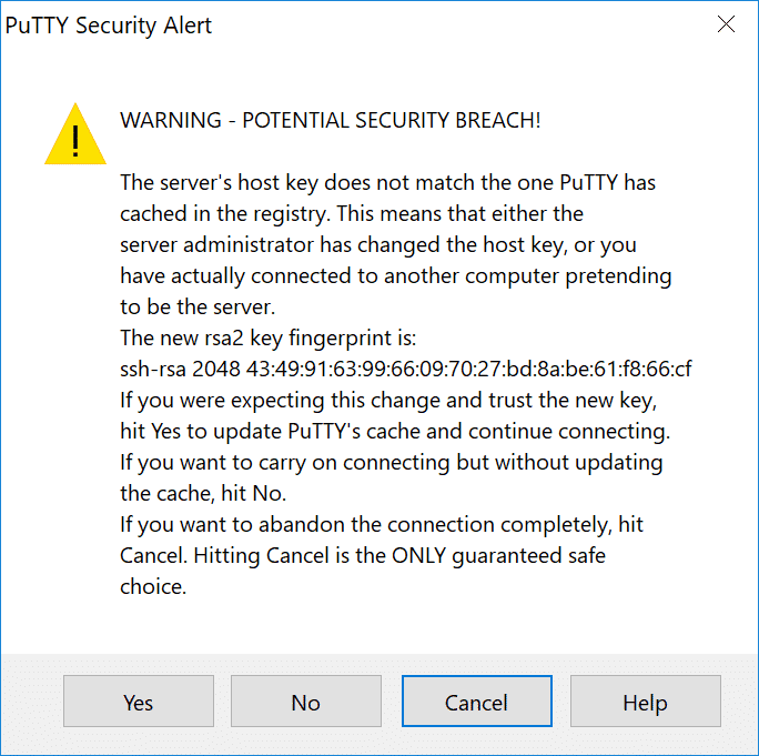 Klik op Yes in de PuTTY beveiligingswaarschuwing over een wijziging in sleutels.