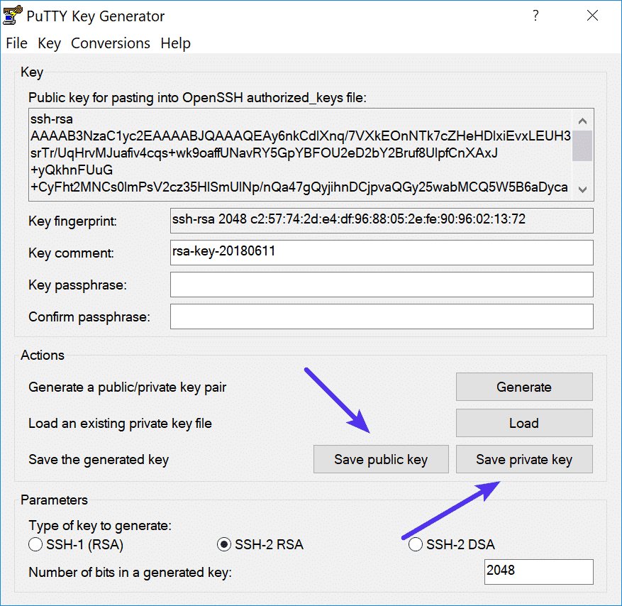 Salve as chaves pública e privada do PuTTY Key Generator.