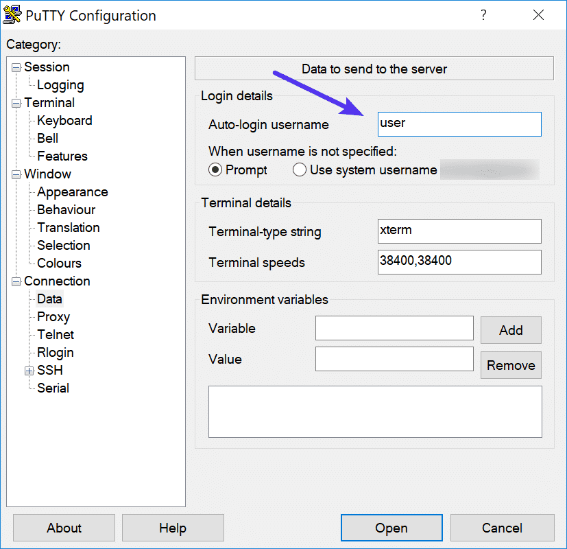 Nombre de usuario SSH Auto-login en PuTTY.