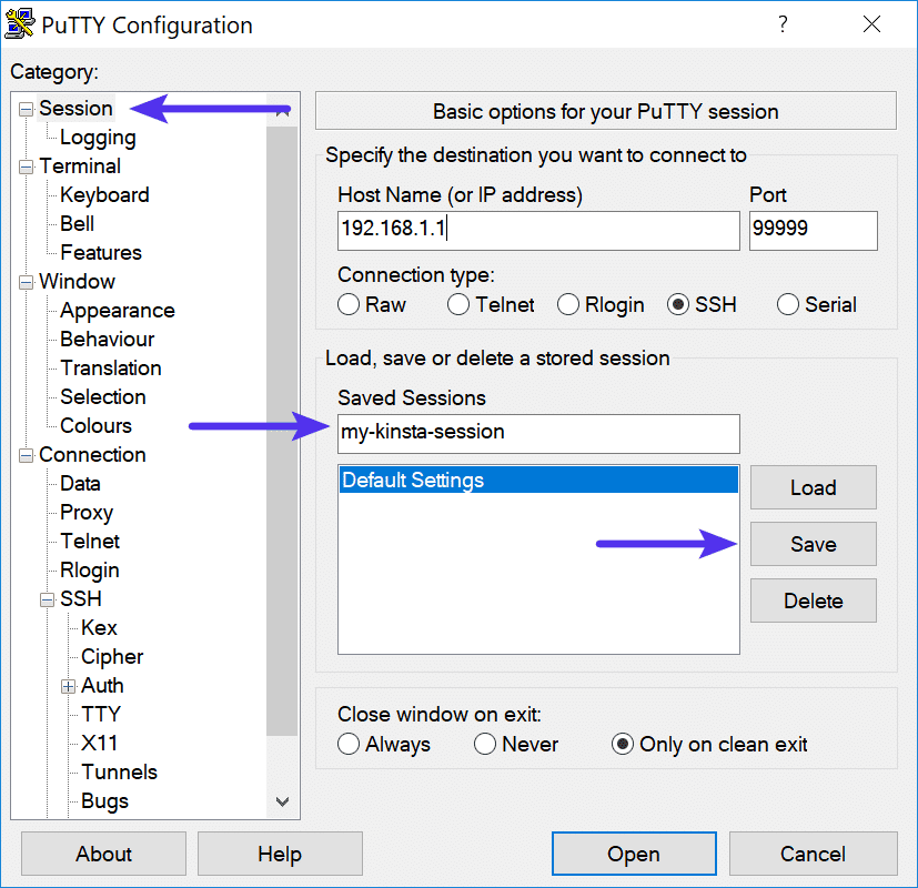 Nome e salve sua sessão SSH em PuTTY.