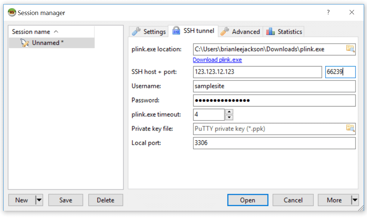 SSH tunnel settings in HeidiSQL.