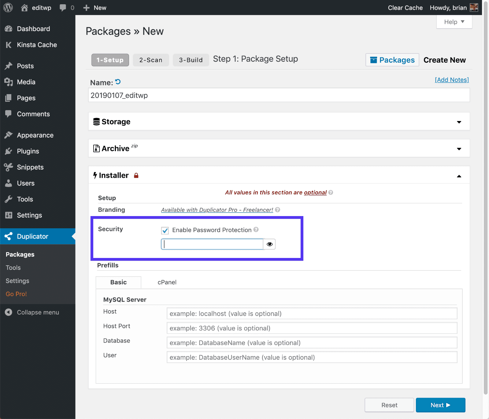 Contraseña del instalador de WordPress Duplicator