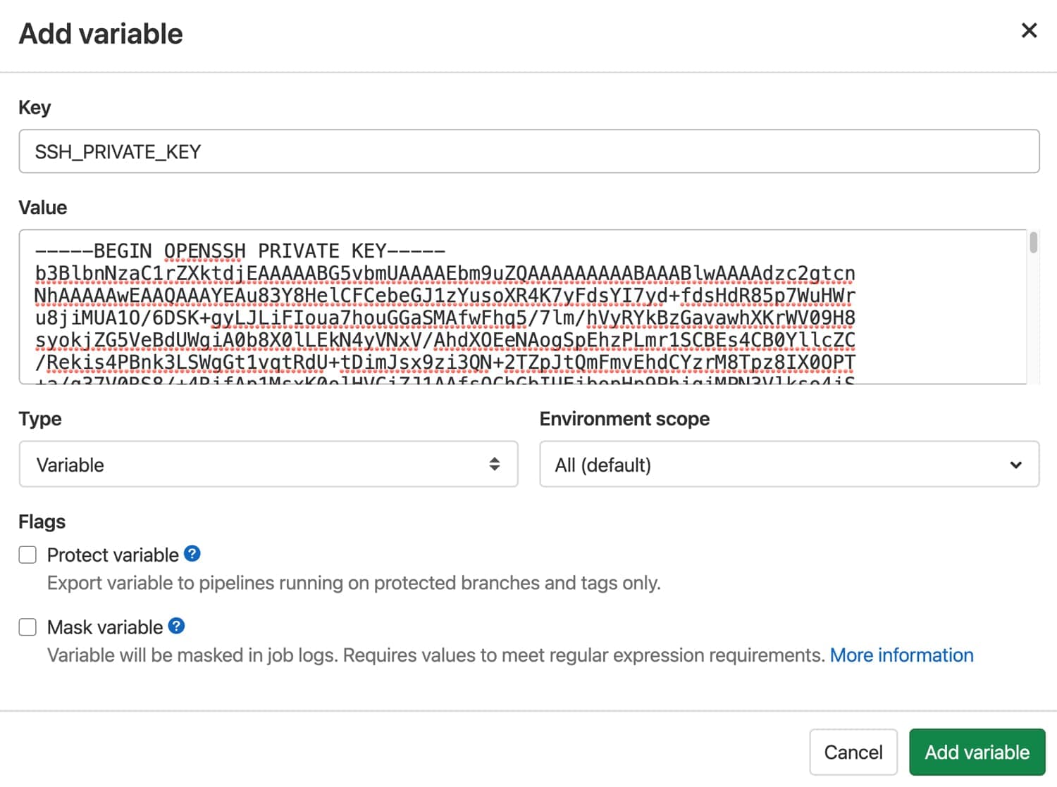 Variable de clave privada SSH en GitLab.