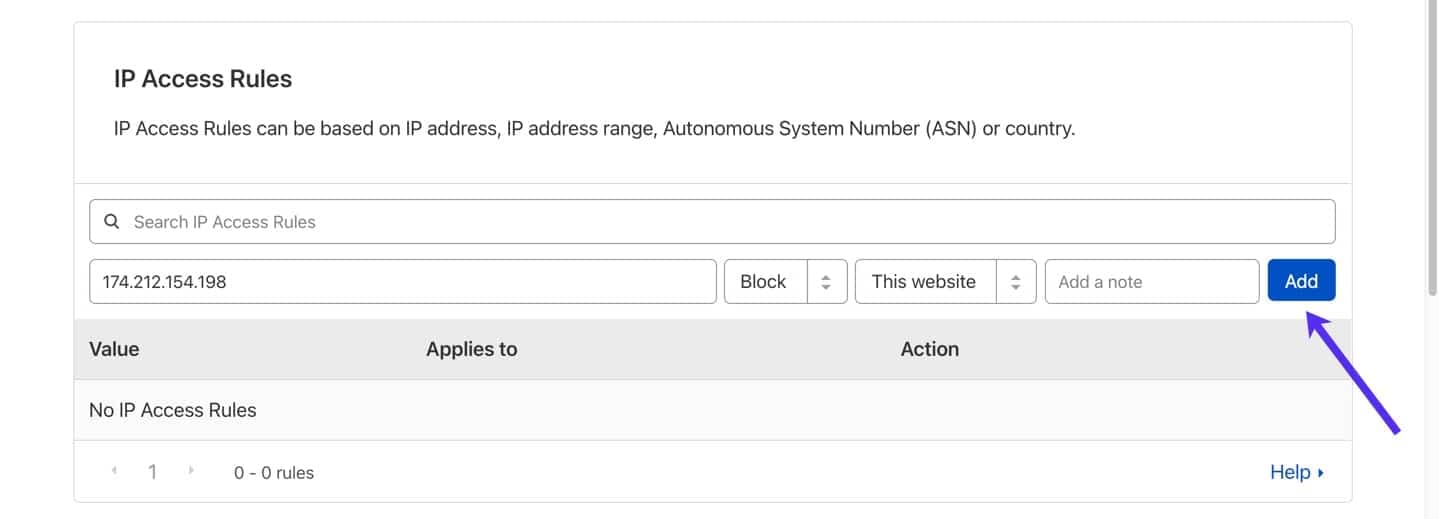 Adicionar uma regra de acesso IP.