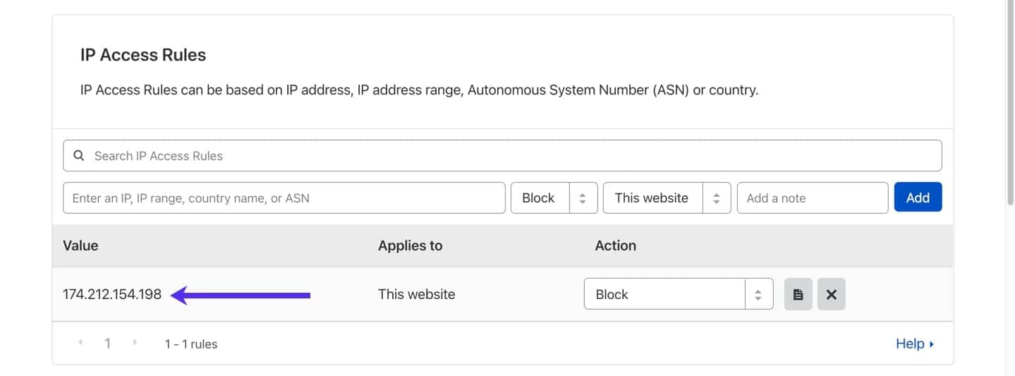 Regola di accesso IP nella dashboard di Cloudflare.