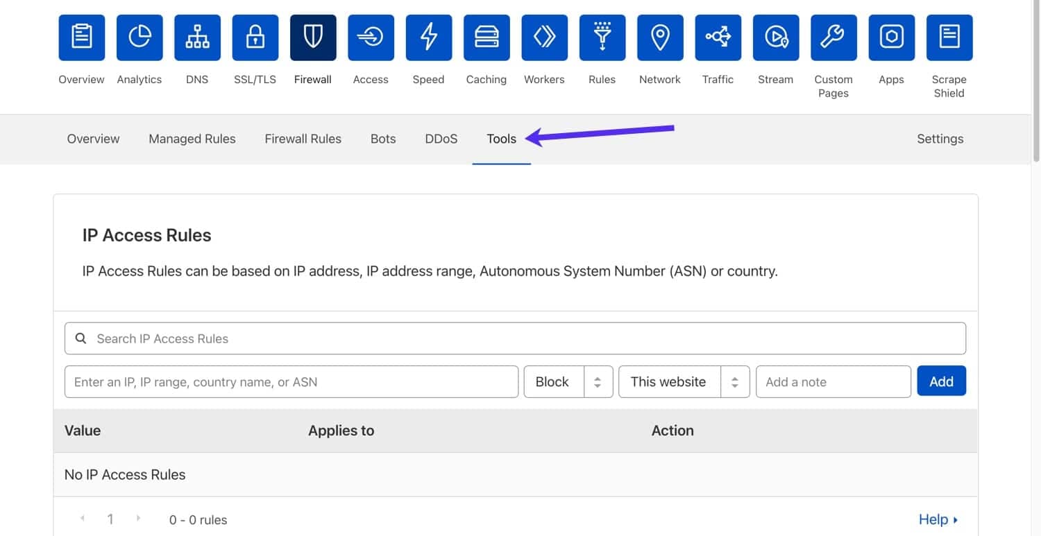 No painel de ferramentas do Cloudflare, você pode usar a ferramenta Regras de acesso IP.