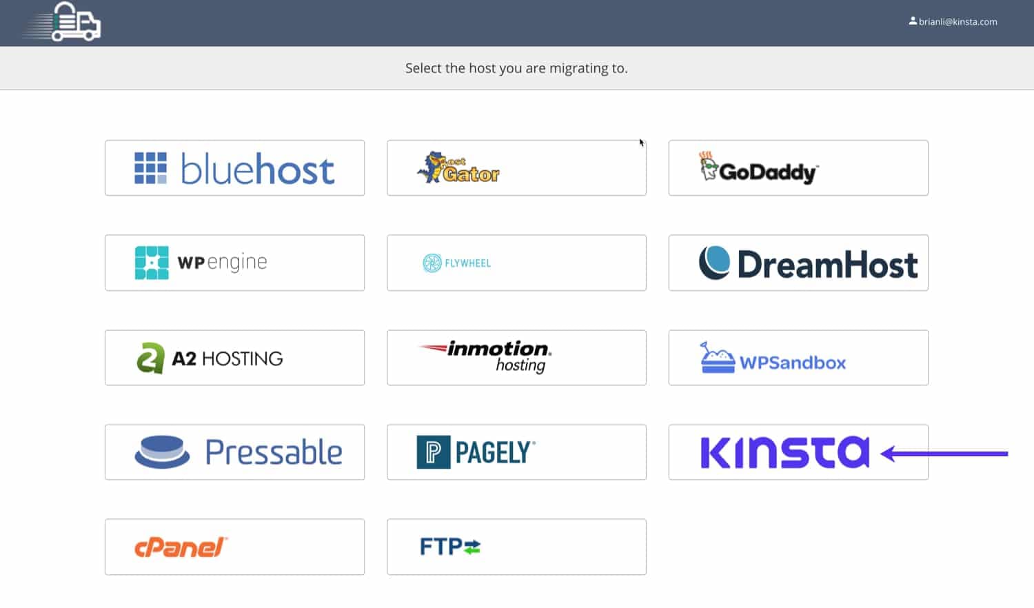 Selecciona Kinsta como el host al que vas a migrar.