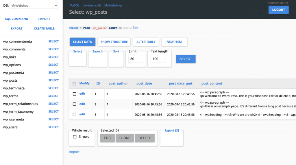 Interfaccia utente Adminer