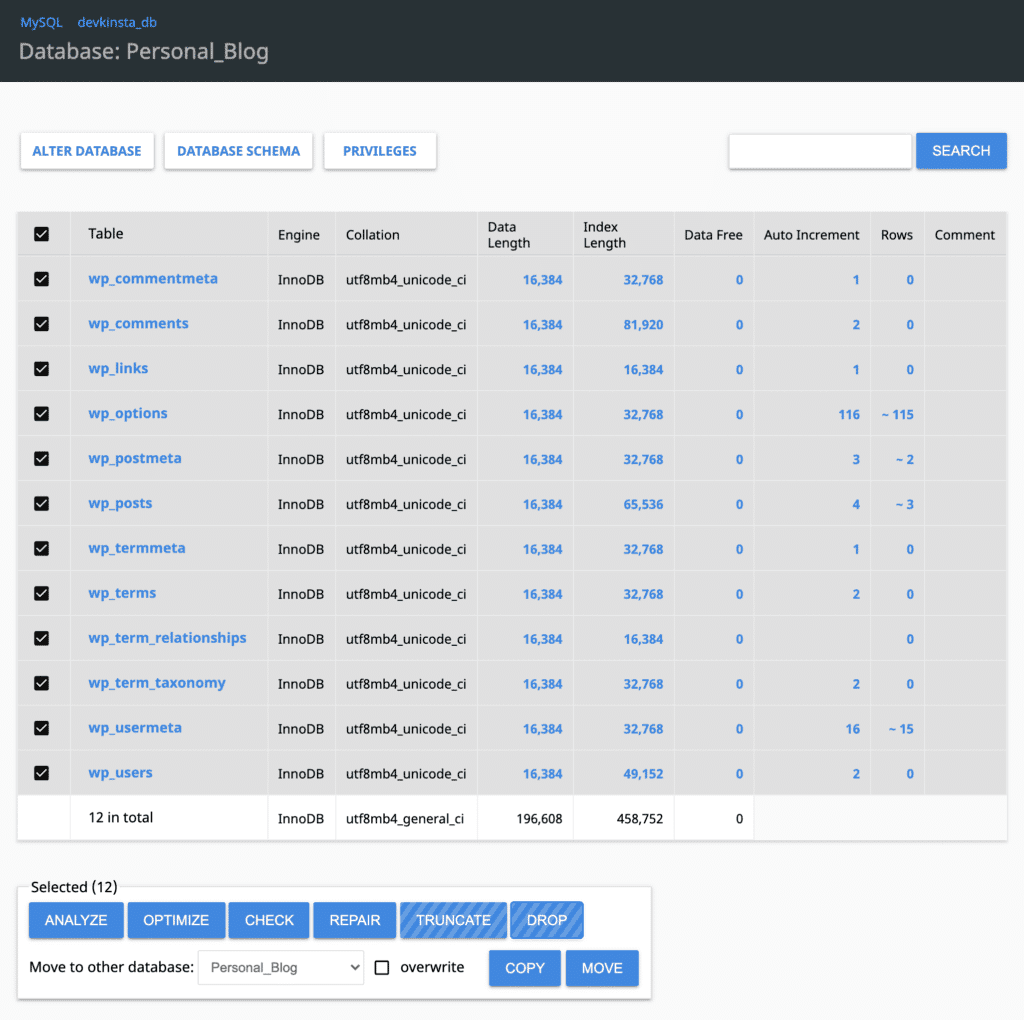 Selecciona todas las tablas en Adminer.