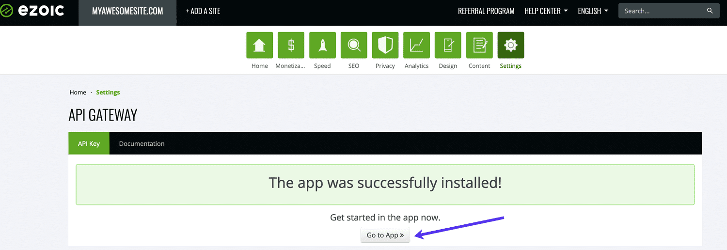 Klik op Go to App nadat de API Gateway app geïnstalleerd is.