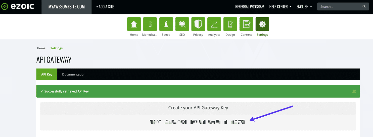 Copy your API key from the Ezoic dashboard.