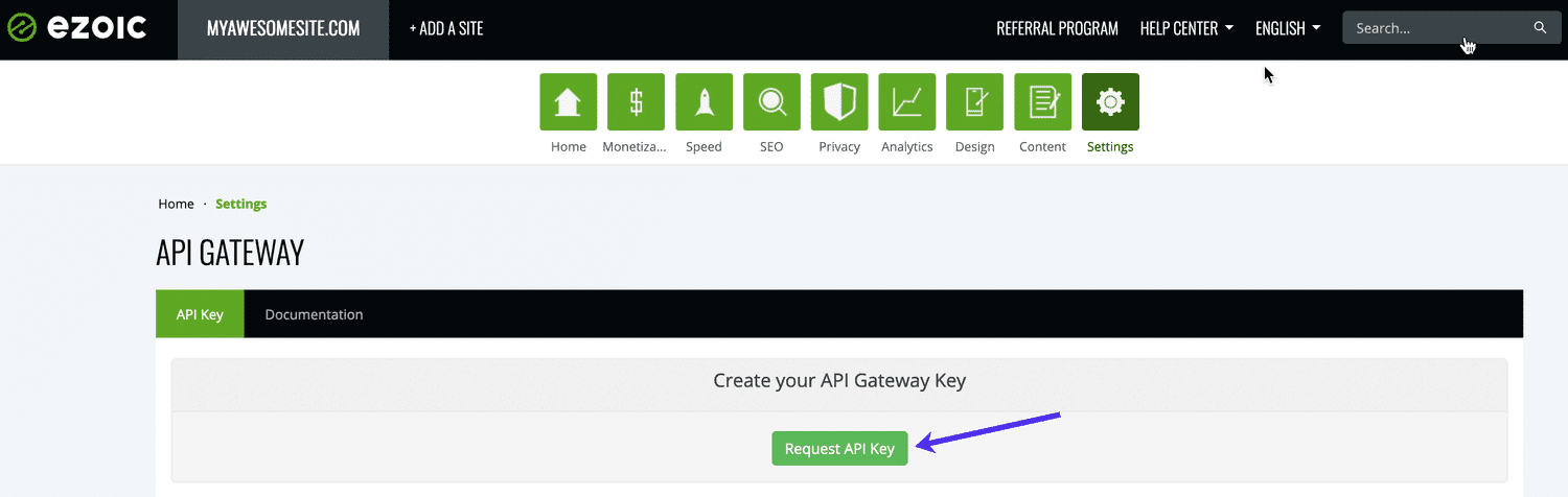 Richiedete la chiave API nella dashboard di Ezoic