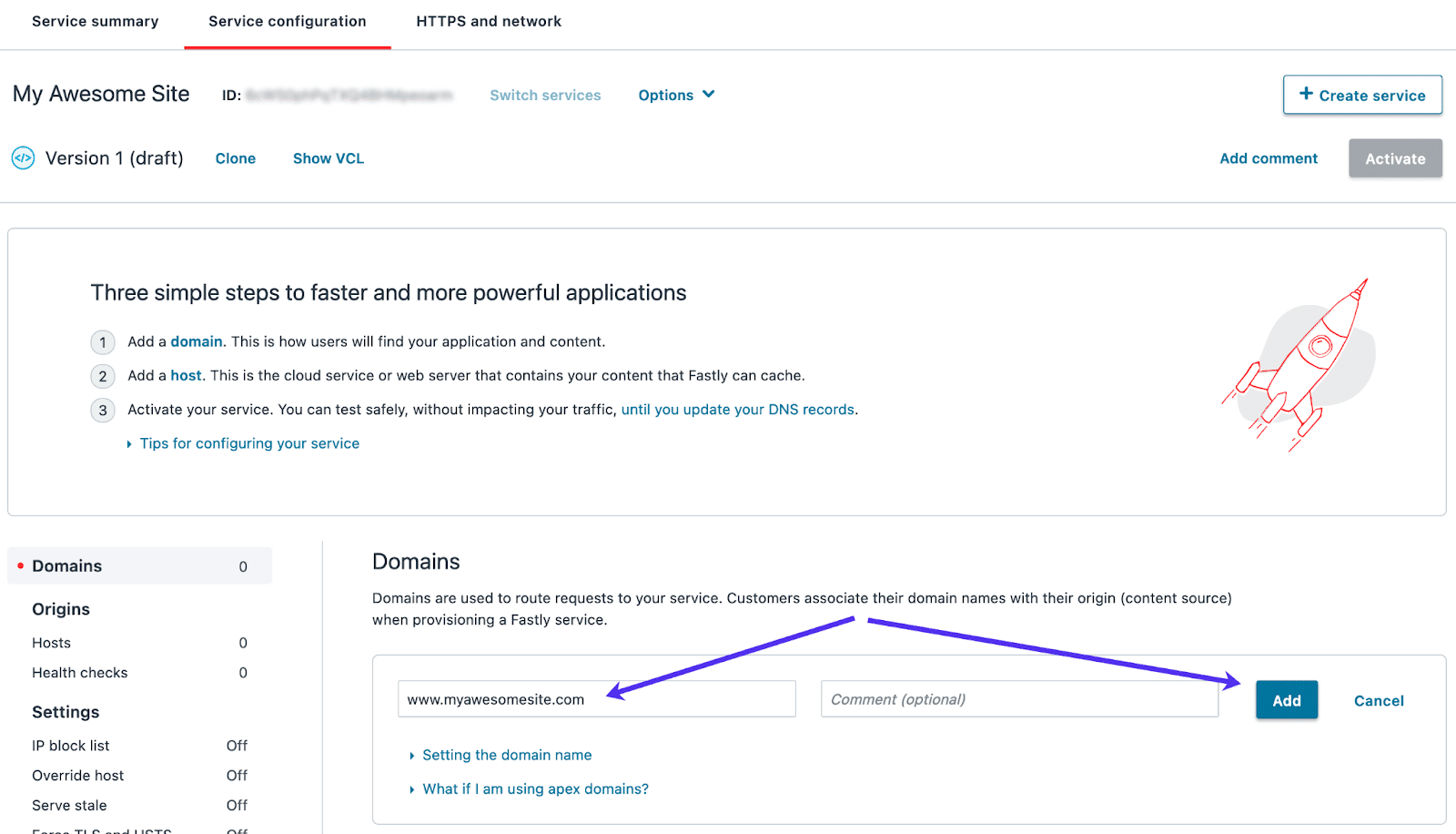 Acrescentando seu domínio em Fastly