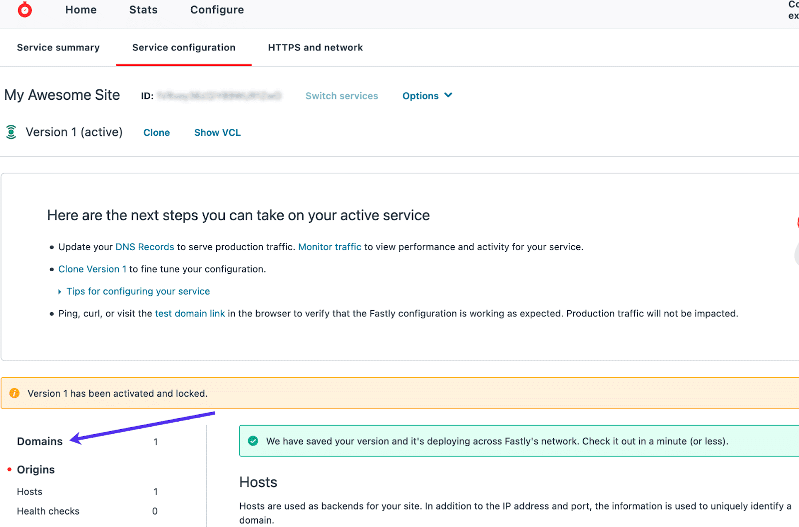 Navigare alla pagina dei domini in Fastly.