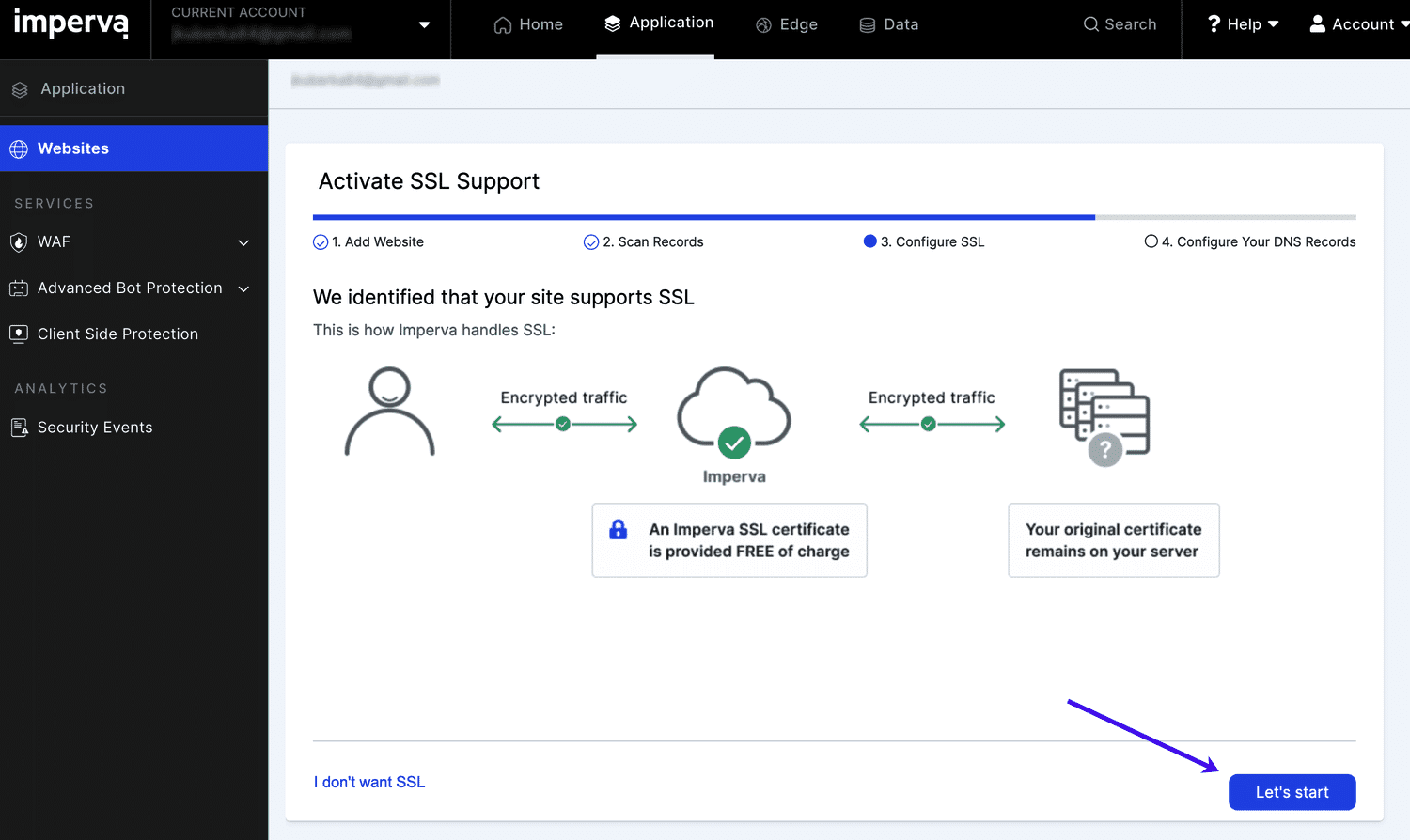 Click the Let's start button to configure your SSL at Imperva.