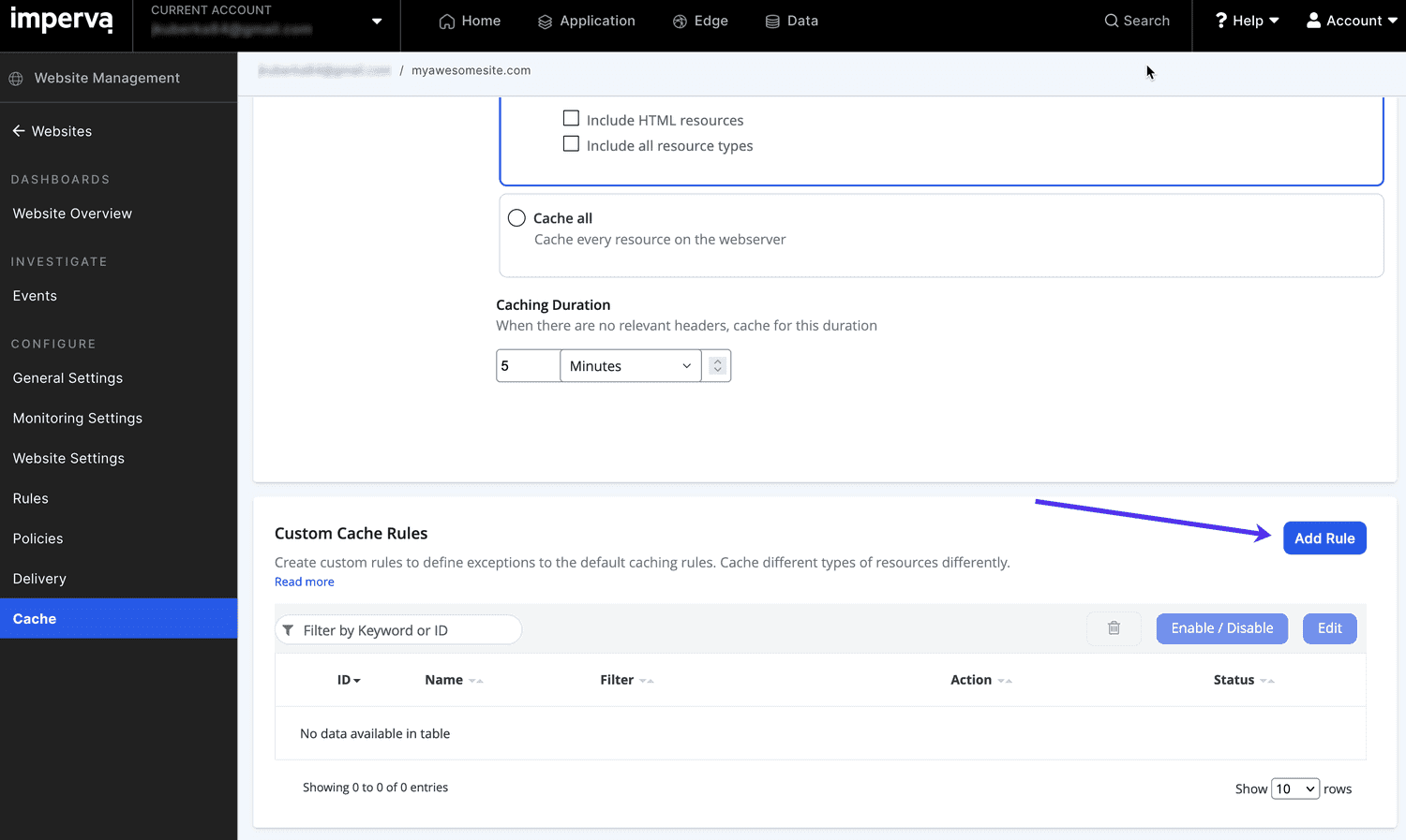 Adicione uma regra personalizada nas configurações de cache Impeva.