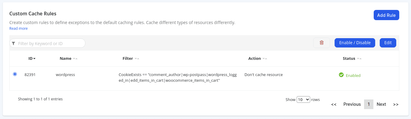 New custom cache rule saved and enabled.