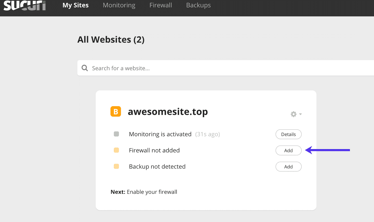 Füge die Sucuri Firewall in deinem Sucuri Dashboard zu deiner Webseite hinzu