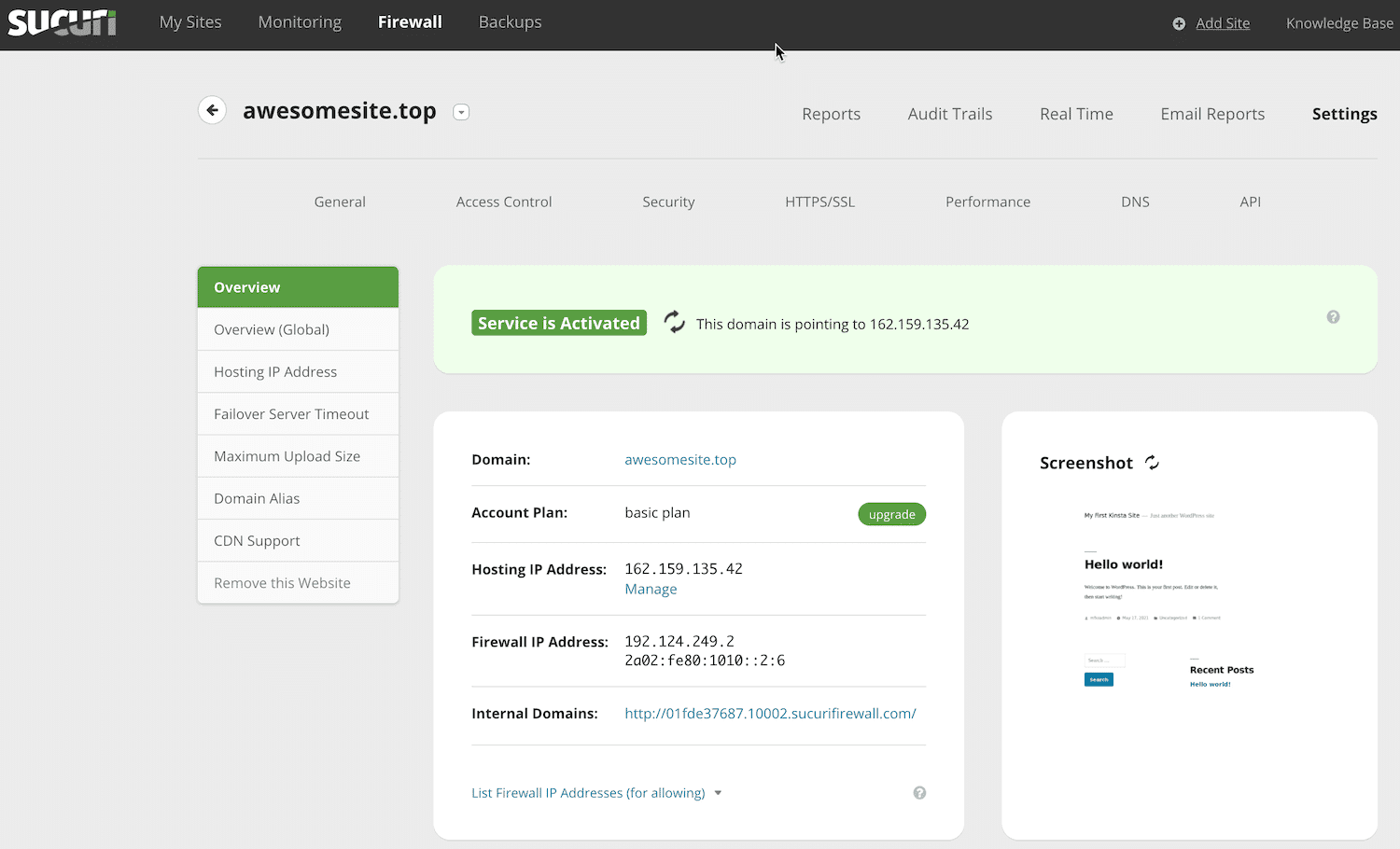 Servicio de Cortafuegos activo en el panel de control de Sucuri