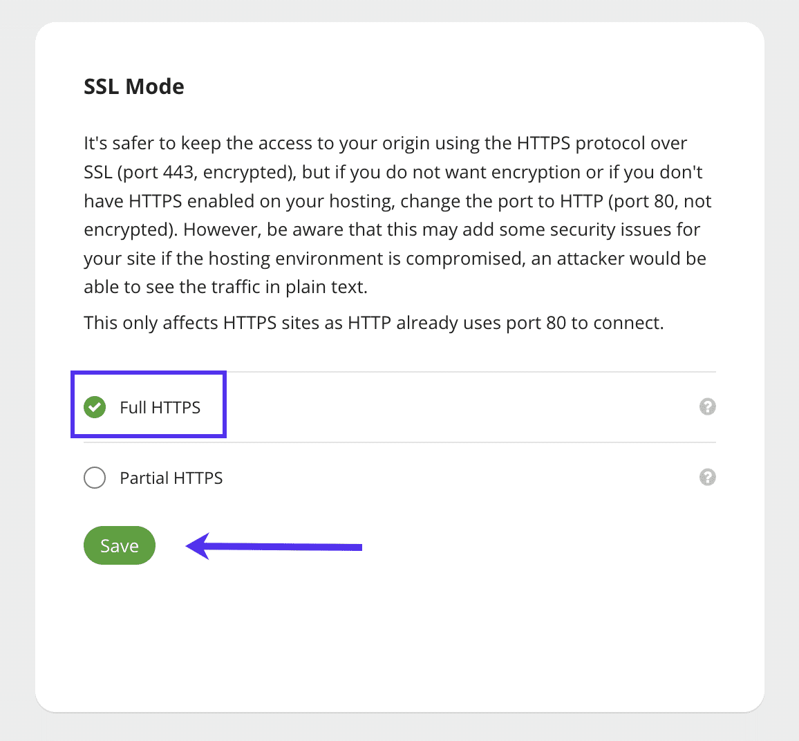 Setze den SSL-Modus in Sucuri auf Full HTTPS