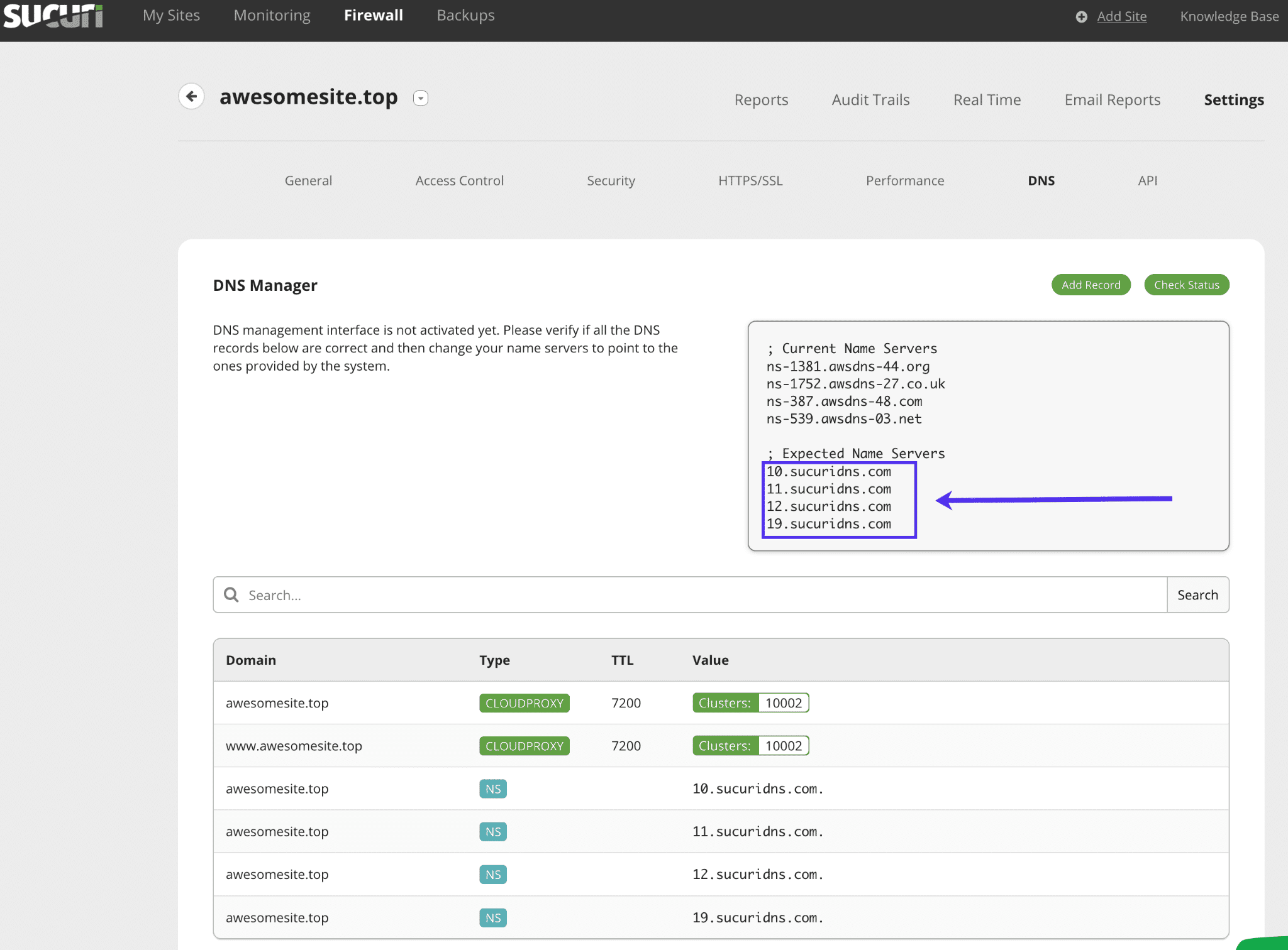 Kopiere die Sucuri Nameserver