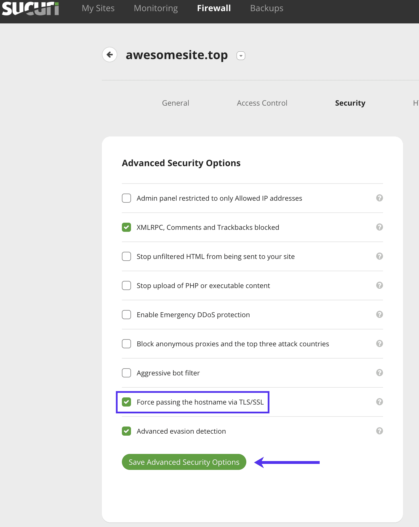 Seleccione Forzar la transmisión del nombre de host a través de TLS/SSL Opciones de seguridad avanzadas en Sucuri