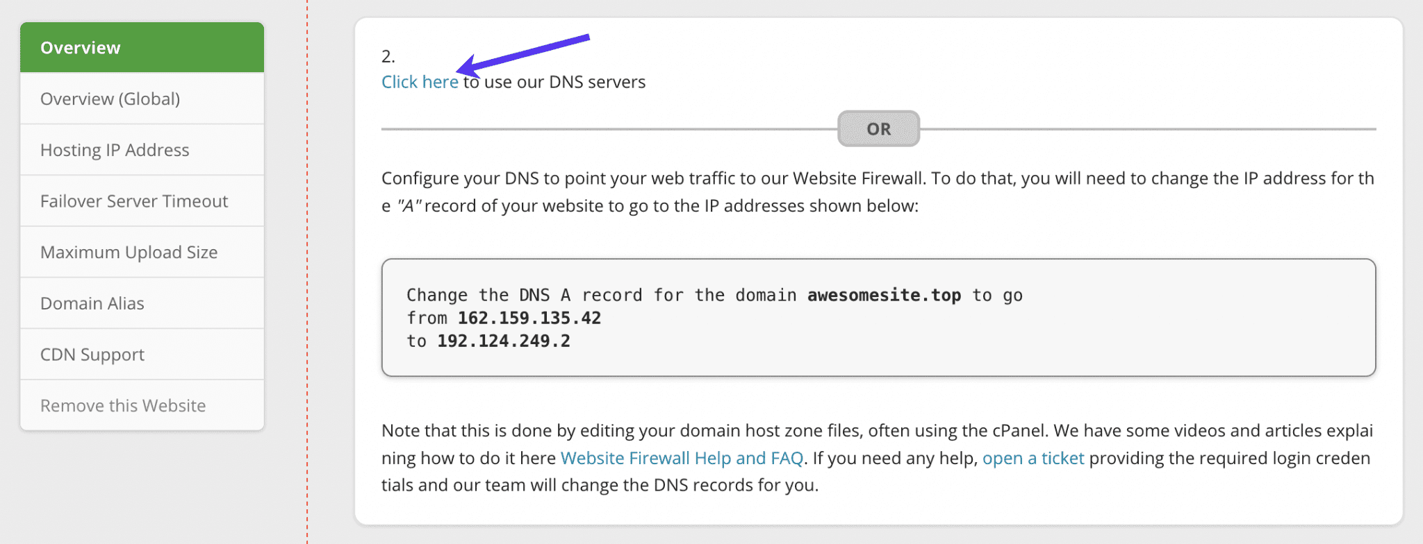 Haciendo clic en el enlace de los servidores DNS en Sucuri