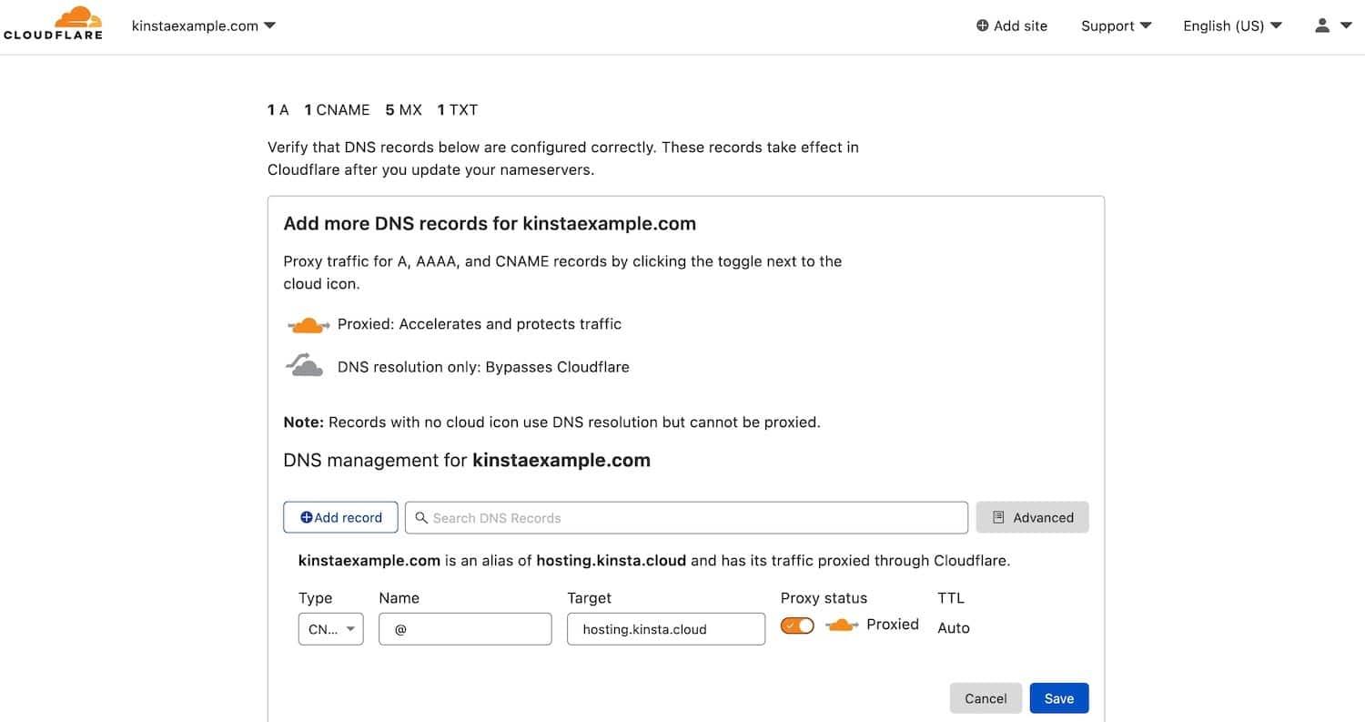 Voeg een nieuw CNAME-record toe aan je domein in Cloudflare.