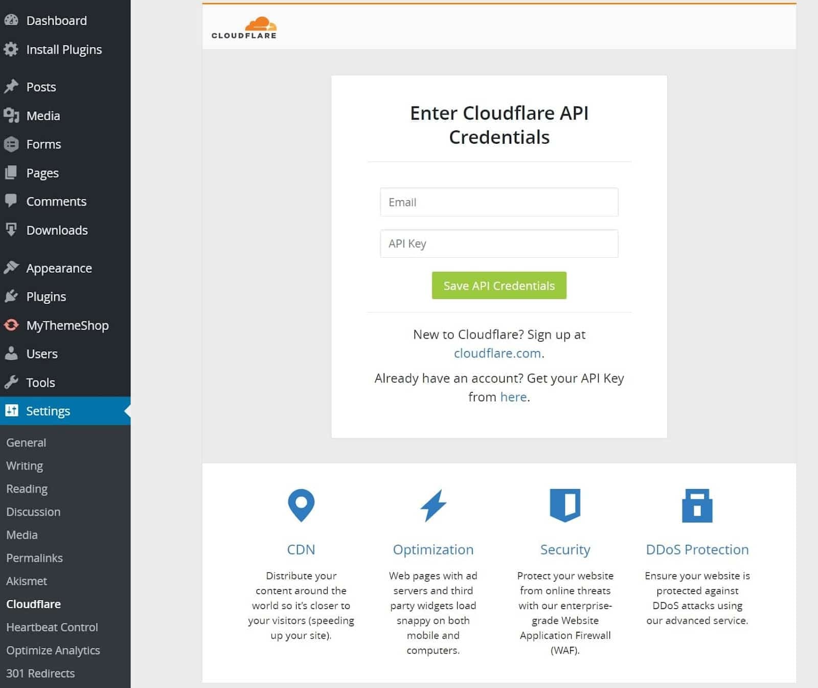 Configuración del plugin de Cloudflare en el panel de WordPress.