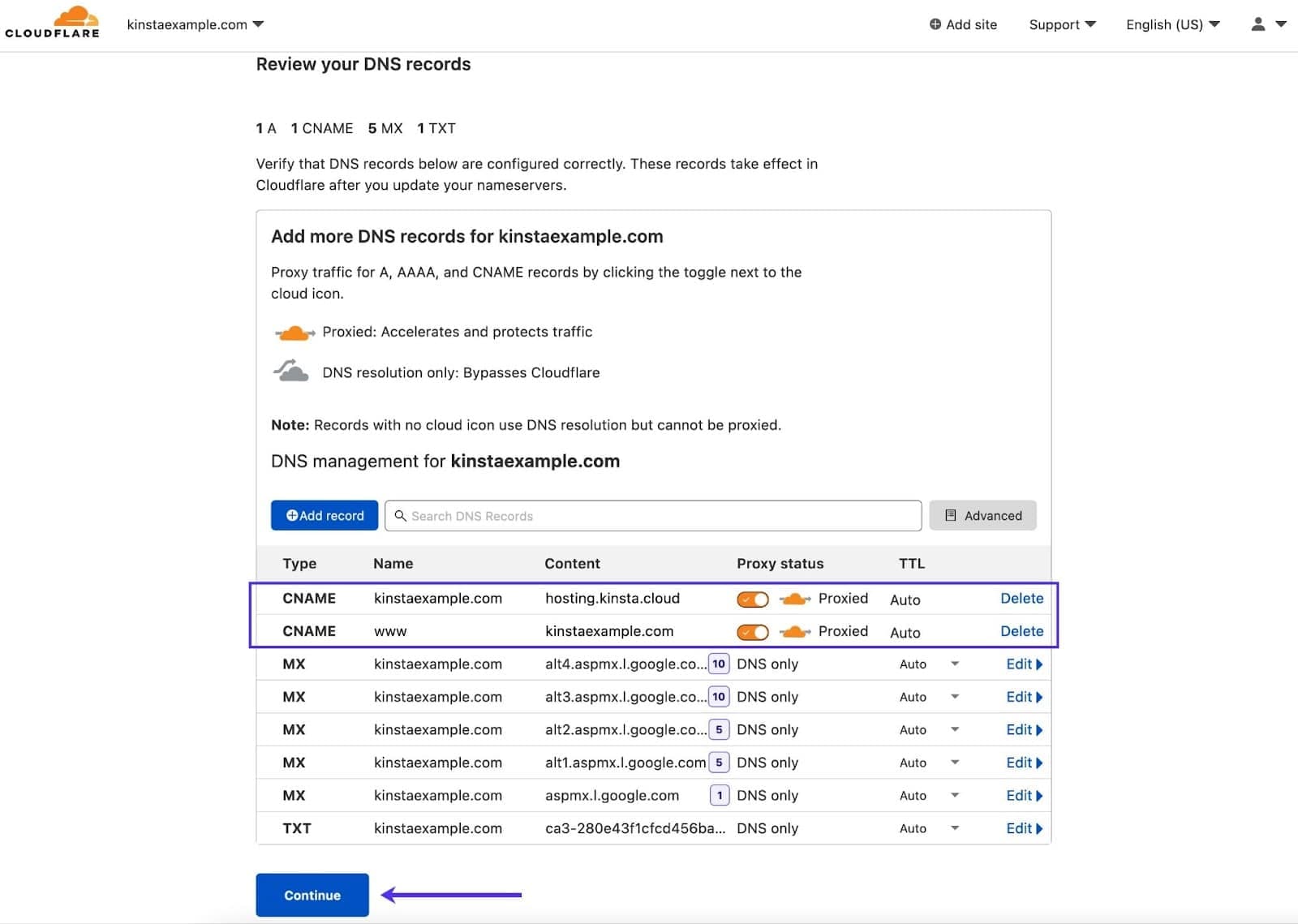 A nuvem laranja (proxy) está ativada para ambos os registros CNAME no Cloudflare.