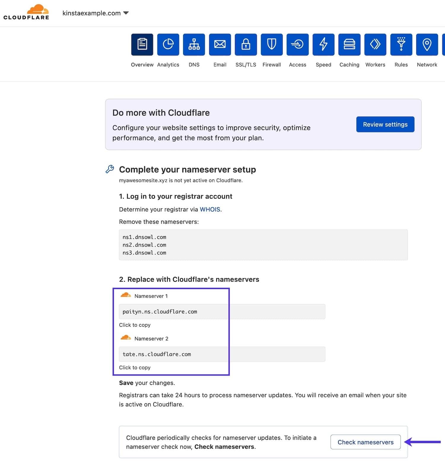 Servidores de nomes do Cloudflare para os quais você deve apontar seu domínio.