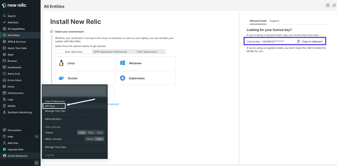 Sélectionnez Clés d'API dans la liste déroulante des comptes.