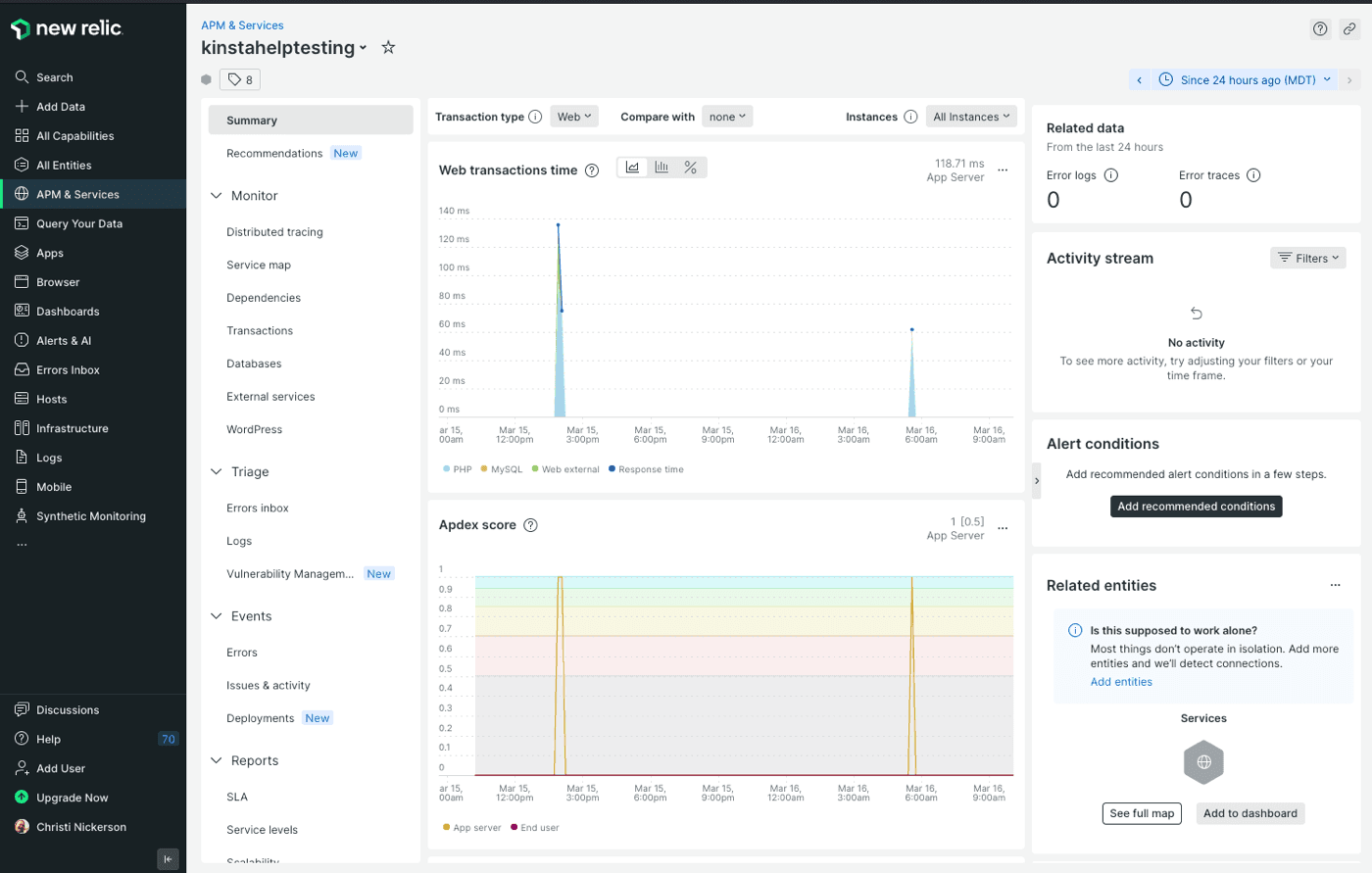 Monitoring New Relic Tracking Kinsta Docs